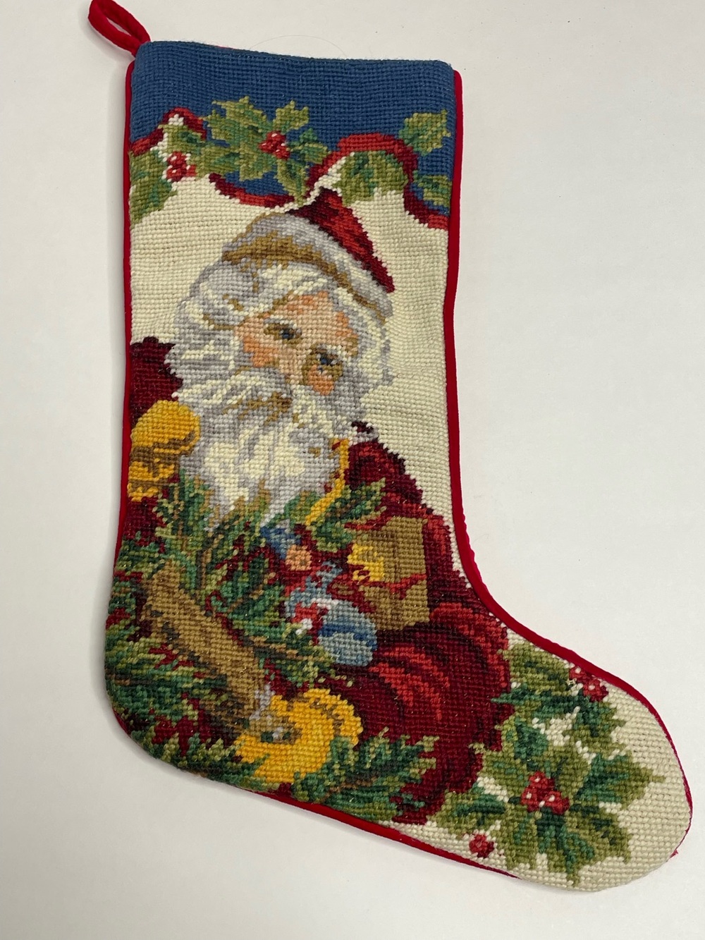 Vintage Handmade Needlepoint Christmas Stocking Old Time Santa Claus 16”